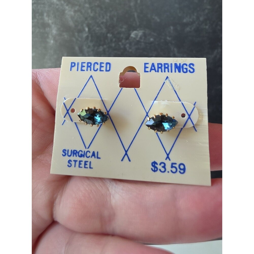 Gold Tone Metal Blue Rhinestone Stud Earrings Vintage Costume Jewelry NOS